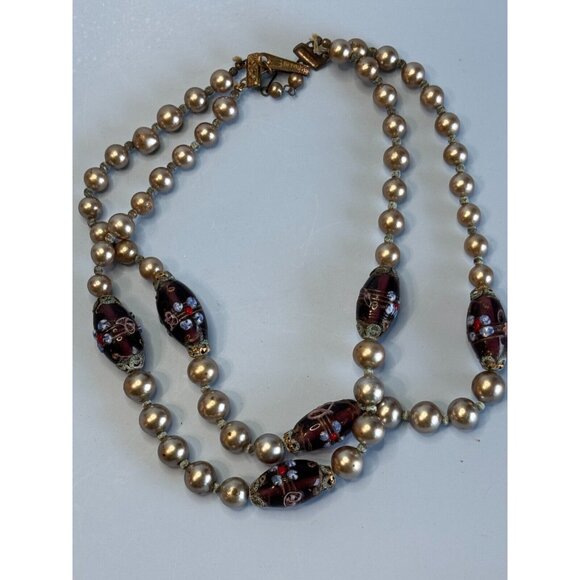 Vintage Japan Cultured Pearl Necklace With Glass Lampwork Beads 16" Elegant Jewe - Picture 8 of 11